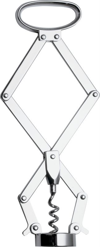 Alessi JM06 Socrates Korkenzieher aus glänzendem Edelstahl, Scherenmechanismus und Spirale.